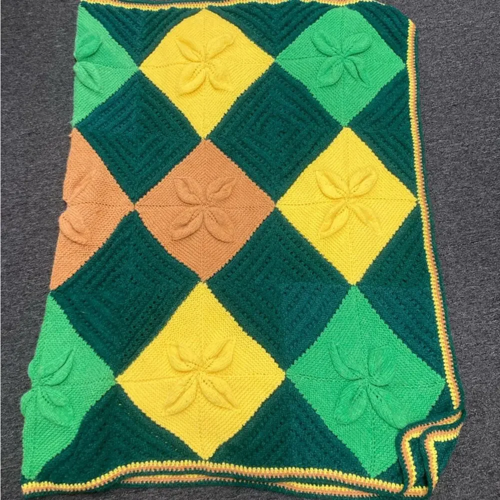 Hand Knit Afghan Granny Squares Green Yellow Brown